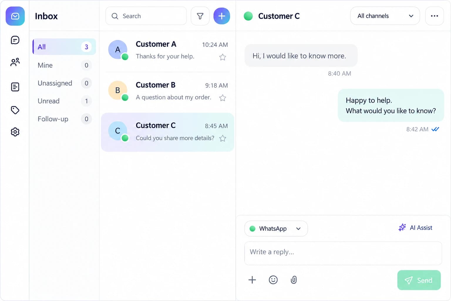 Illustrative Aora Inbox with a conversation list, customer messages and a reply composer, using fictional customer data.
